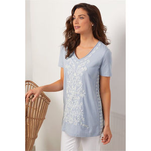 Soft Surroundings Eva Embroidered Top Large Light Blue White Short Sleeve VNeck